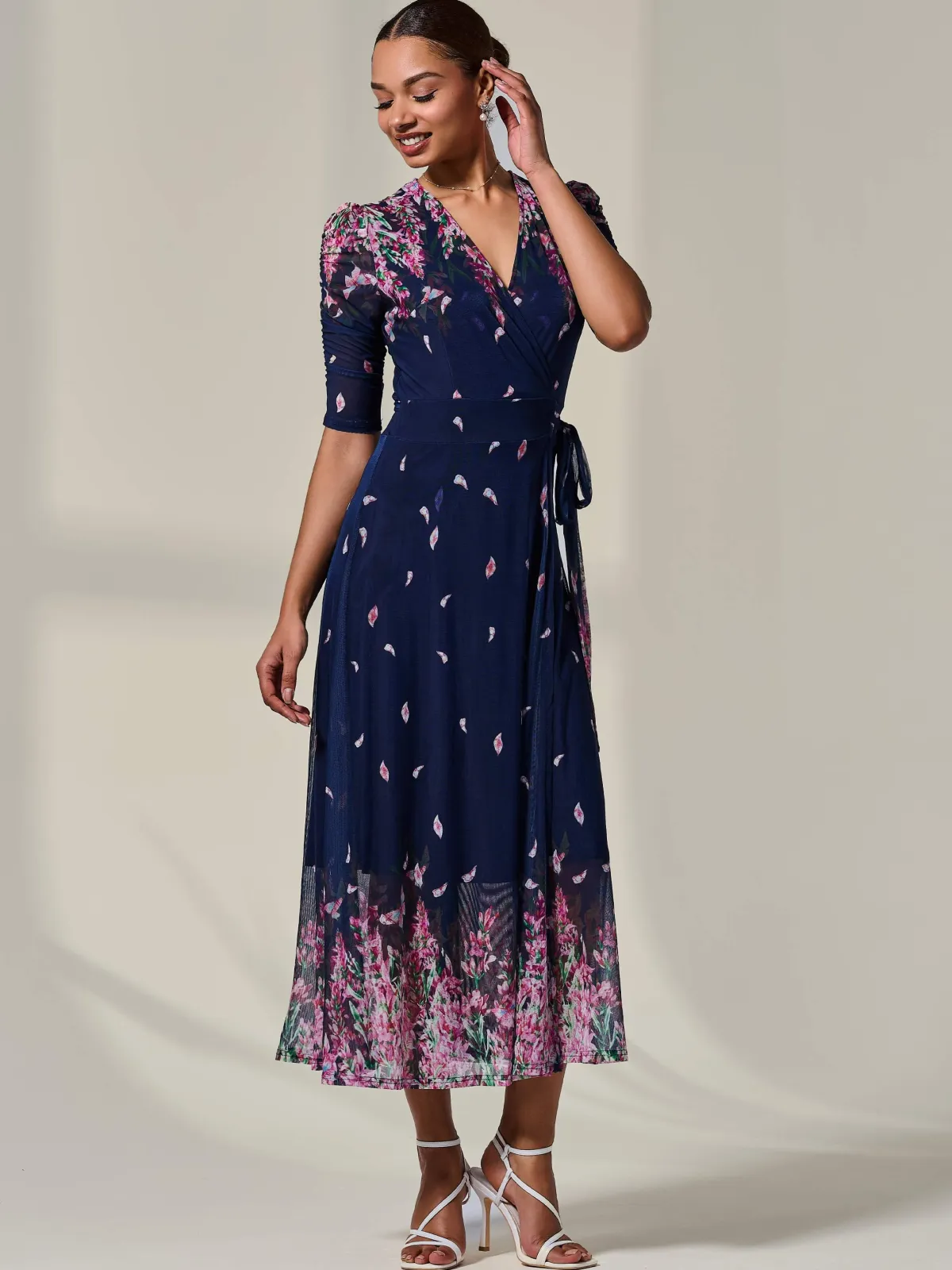 Jolie Moi Occasion Dresses|Floral Dresses-Half Sleeve Floral Wrap Dress, Navy Pink Multi