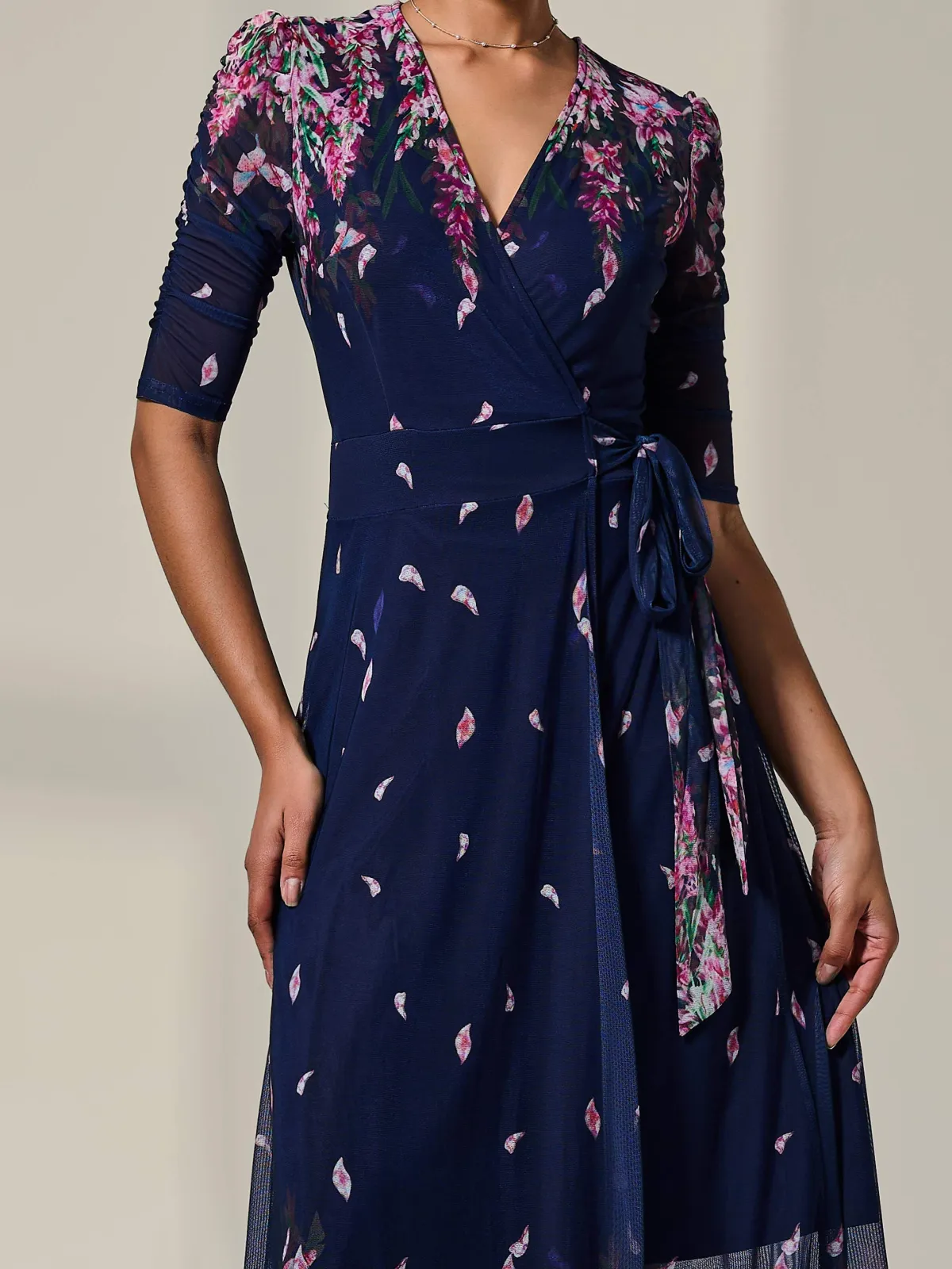 Jolie Moi Occasion Dresses|Floral Dresses-Half Sleeve Floral Wrap Dress, Navy Pink Multi
