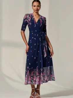 Jolie Moi Occasion Dresses|Floral Dresses-Half Sleeve Floral Wrap Dress, Navy Pink Multi