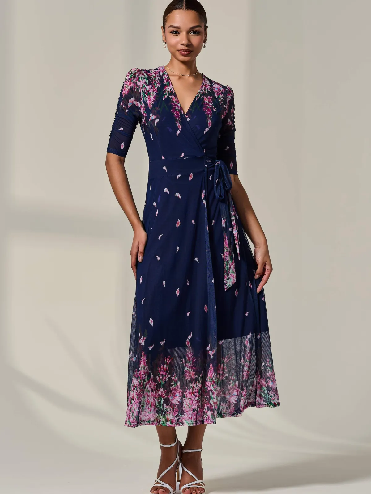 Jolie Moi Occasion Dresses|Floral Dresses-Half Sleeve Floral Wrap Dress, Navy Pink Multi