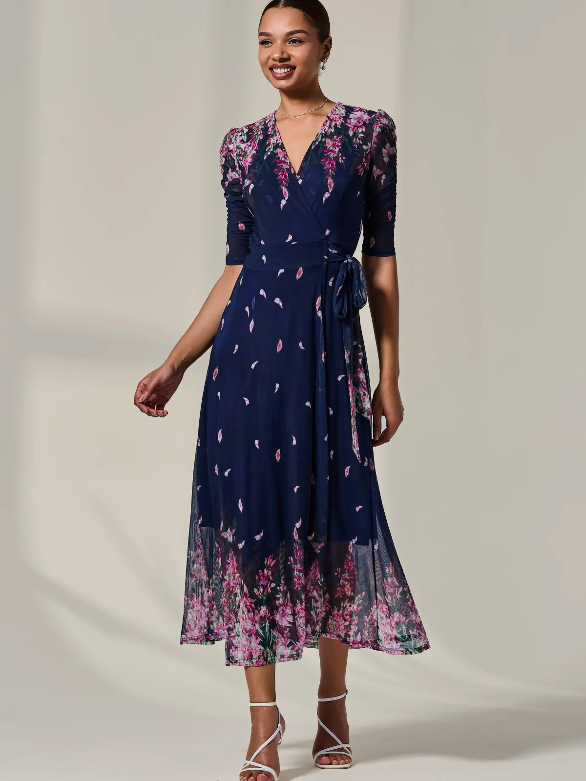 Jolie Moi Occasion Dresses|Floral Dresses-Half Sleeve Floral Wrap Dress, Navy Pink Multi