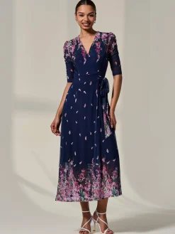 Jolie Moi Occasion Dresses|Floral Dresses-Half Sleeve Floral Wrap Dress, Navy Pink Multi