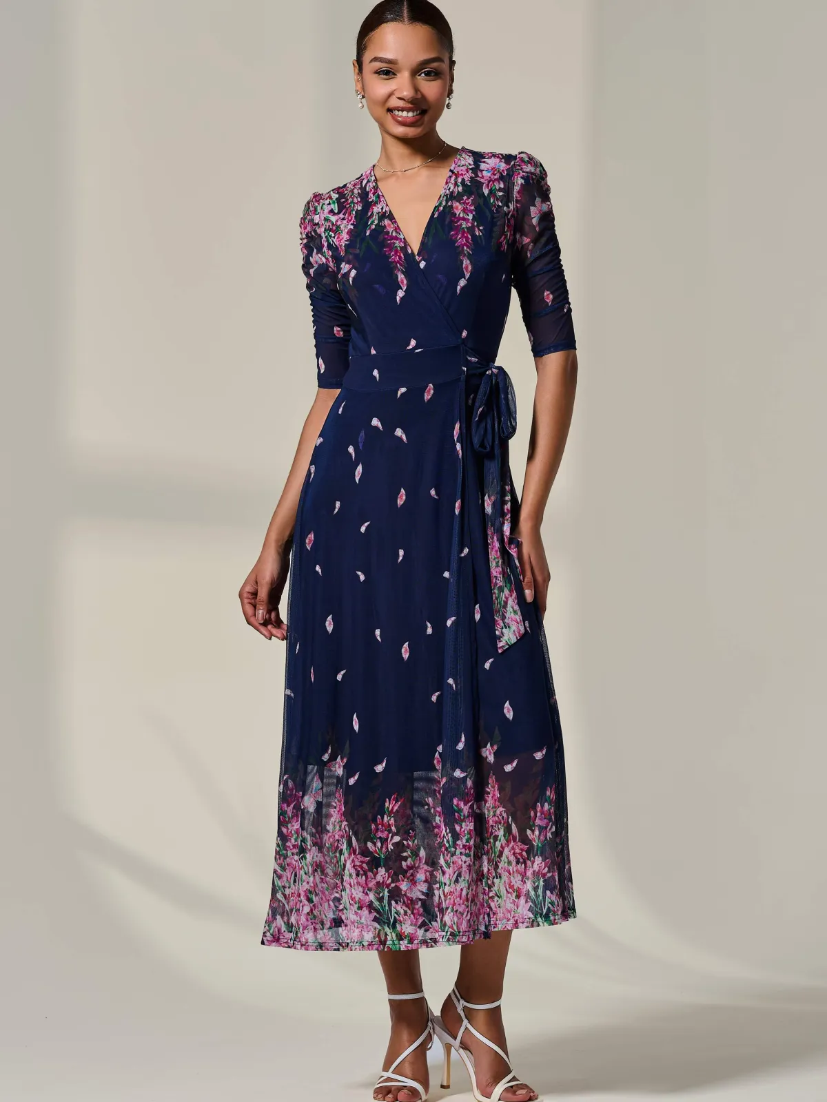 Jolie Moi Occasion Dresses|Floral Dresses-Half Sleeve Floral Wrap Dress, Navy Pink Multi