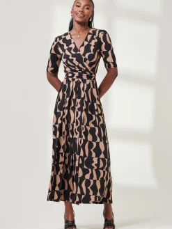 Jolie Moi Occasion Dresses|Jersey Dresses-Half Sleeve Jersey Maxi Dress, Brown Pattern