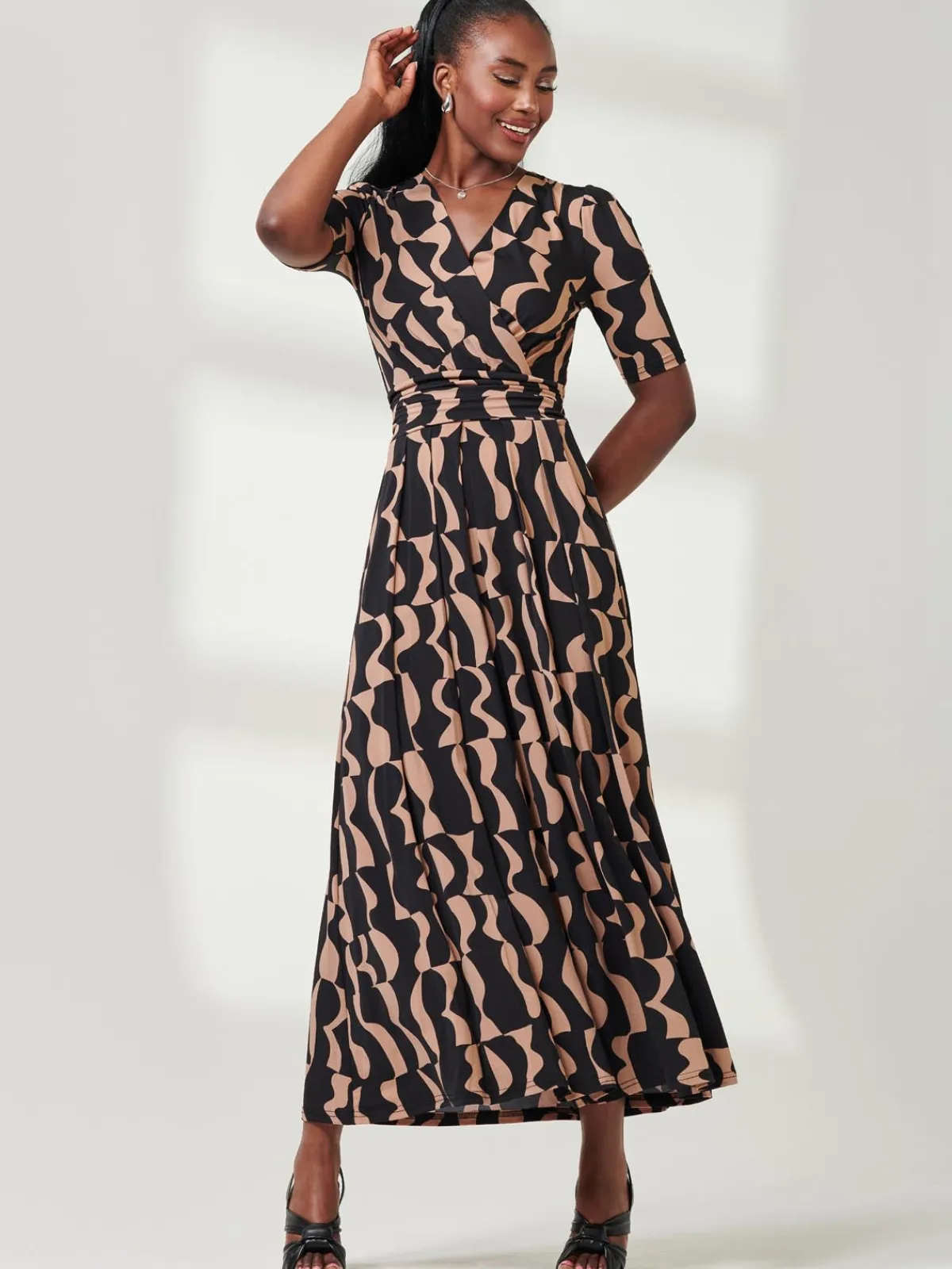 Jolie Moi Occasion Dresses|Jersey Dresses-Half Sleeve Jersey Maxi Dress, Brown Pattern