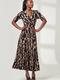 Jolie Moi Occasion Dresses|Jersey Dresses-Half Sleeve Jersey Maxi Dress, Brown Pattern