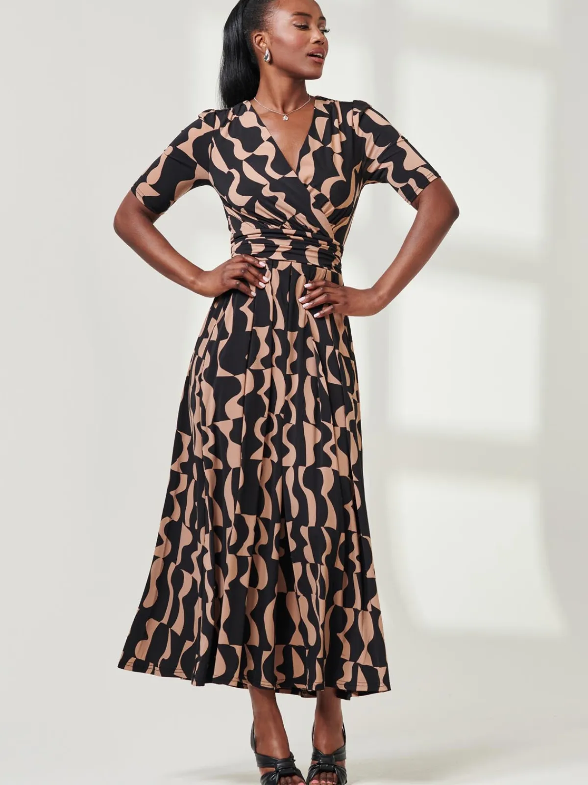 Jolie Moi Occasion Dresses|Jersey Dresses-Half Sleeve Jersey Maxi Dress, Brown Pattern