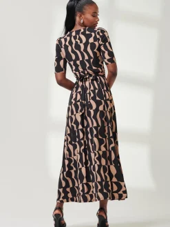 Jolie Moi Occasion Dresses|Jersey Dresses-Half Sleeve Jersey Maxi Dress, Brown Pattern