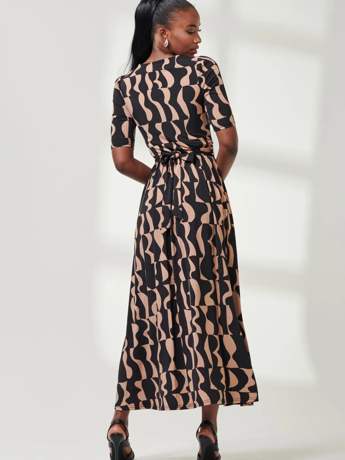 Jolie Moi Occasion Dresses|Jersey Dresses-Half Sleeve Jersey Maxi Dress, Brown Pattern
