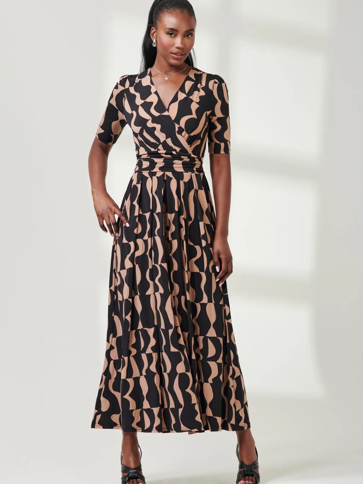 Jolie Moi Occasion Dresses|Jersey Dresses-Half Sleeve Jersey Maxi Dress, Brown Pattern