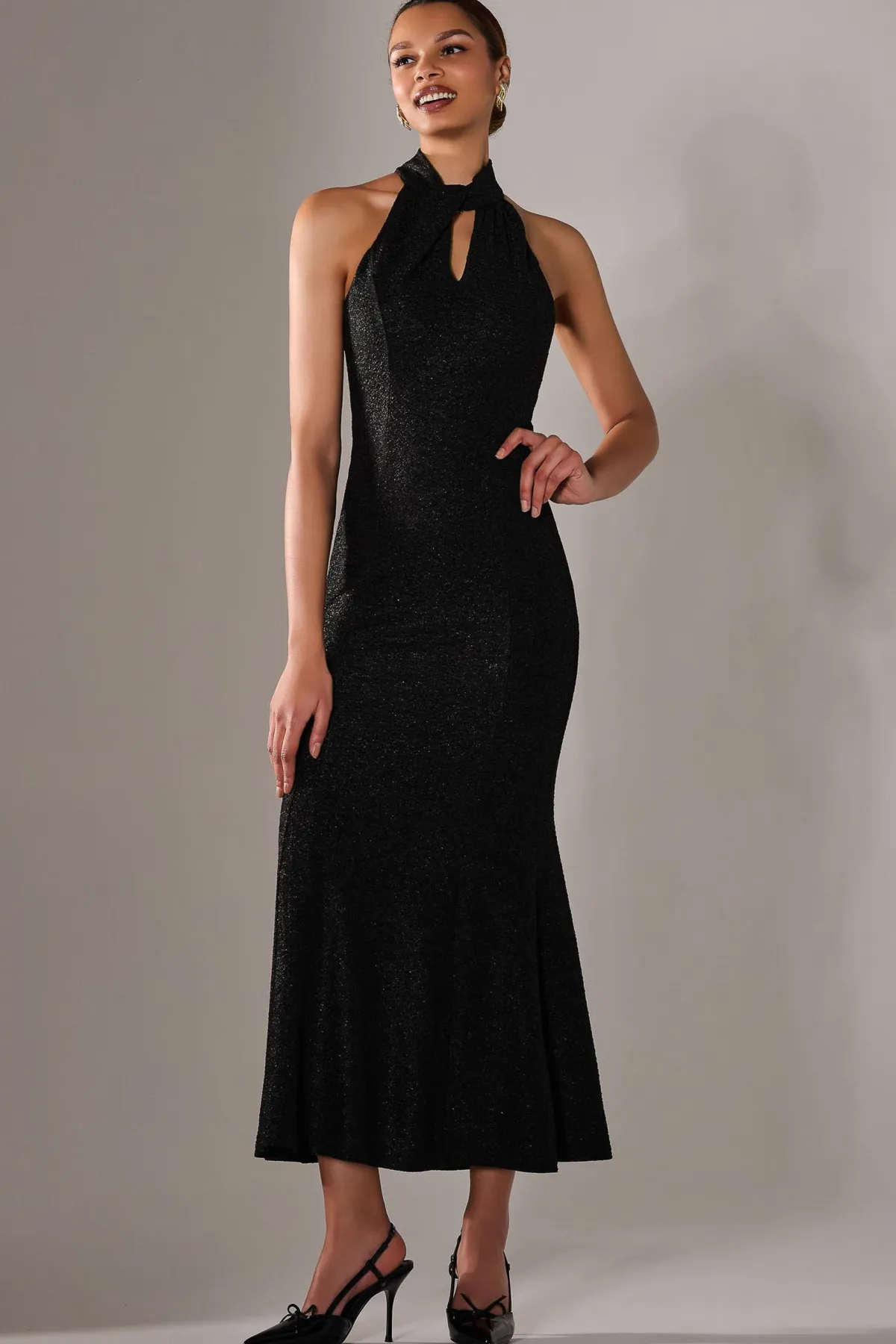 Jolie Moi Occasion Dresses|Sleeveless Dresses-Halter Neck Fishtail Maxi Dress, Black