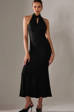 Jolie Moi Occasion Dresses|Sleeveless Dresses-Halter Neck Fishtail Maxi Dress, Black