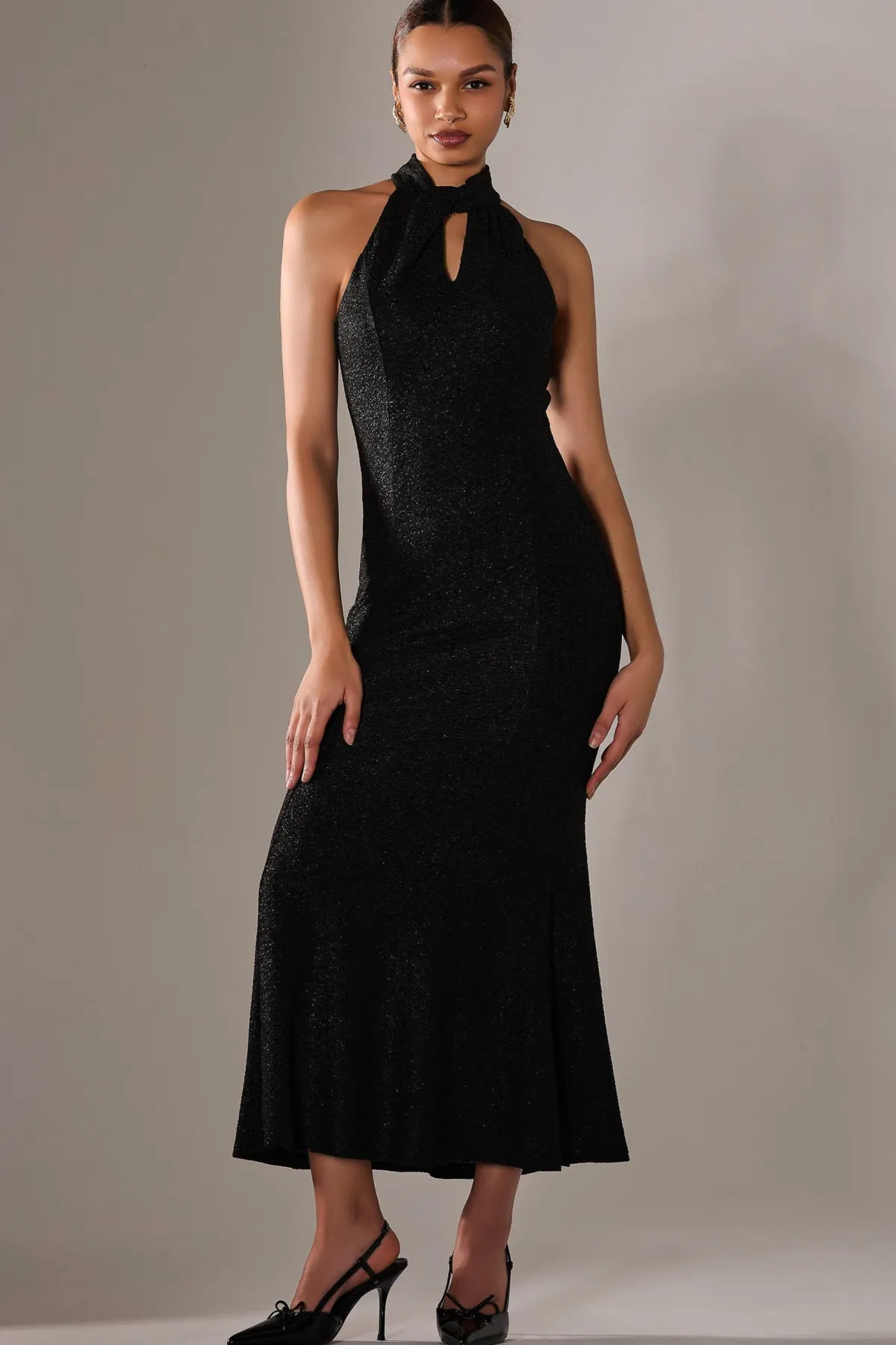 Jolie Moi Occasion Dresses|Sleeveless Dresses-Halter Neck Fishtail Maxi Dress, Black