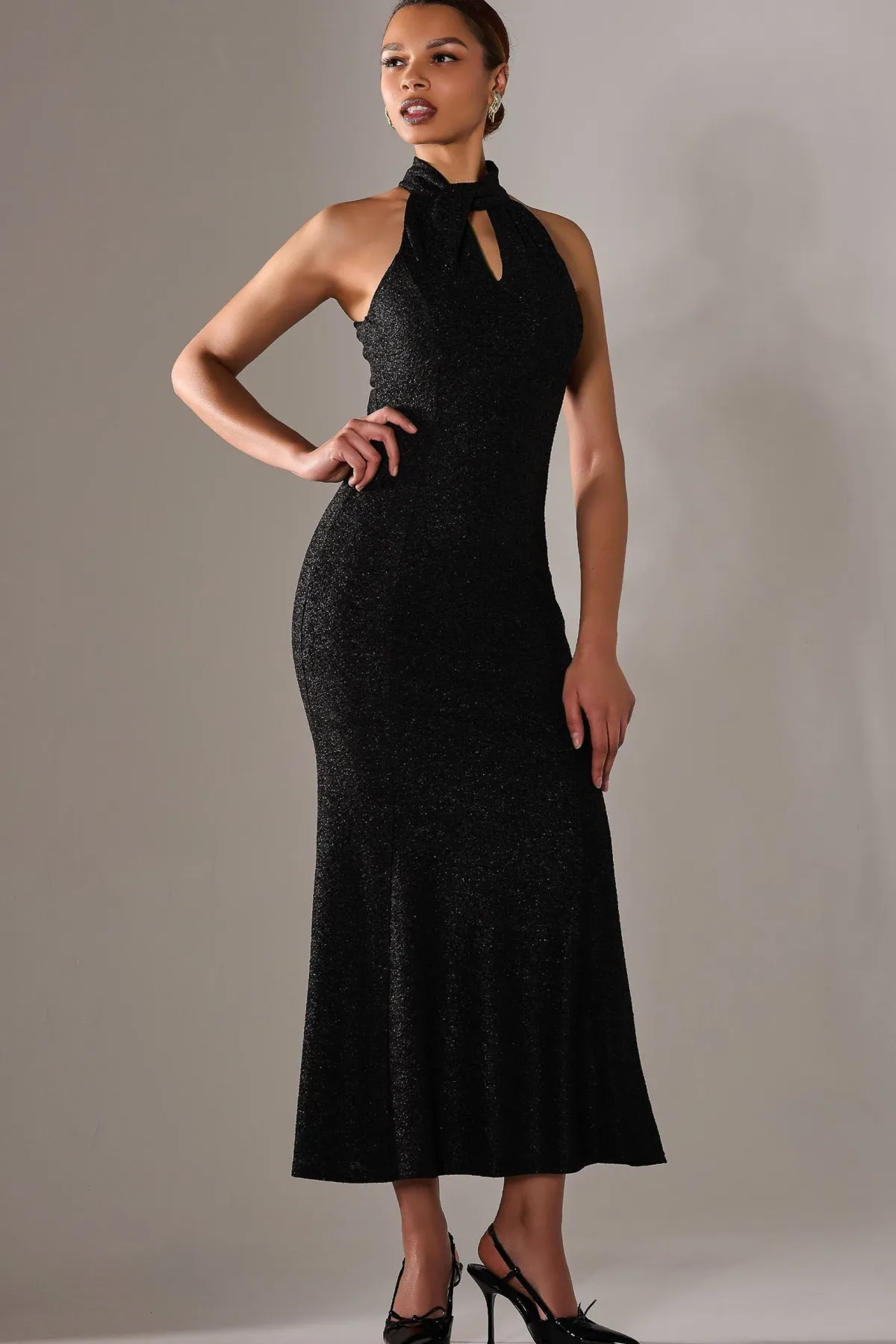 Jolie Moi Occasion Dresses|Sleeveless Dresses-Halter Neck Fishtail Maxi Dress, Black