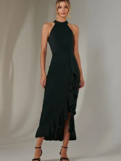 Jolie Moi Occasion Dresses|Sleeveless Dresses-Halter Neck Frill Jersey Maxi Dress, Dark Green