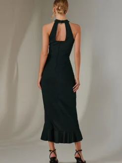 Jolie Moi Occasion Dresses|Sleeveless Dresses-Halter Neck Frill Jersey Maxi Dress, Dark Green