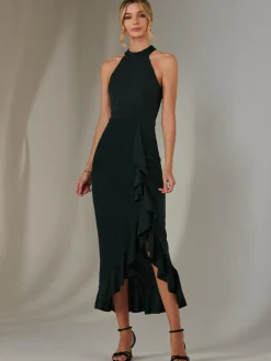 Jolie Moi Occasion Dresses|Sleeveless Dresses-Halter Neck Frill Jersey Maxi Dress, Dark Green