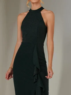 Jolie Moi Occasion Dresses|Sleeveless Dresses-Halter Neck Frill Jersey Maxi Dress, Dark Green