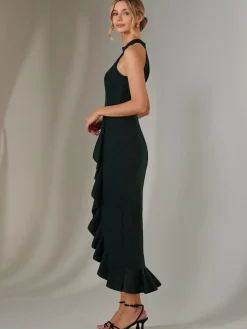 Jolie Moi Occasion Dresses|Sleeveless Dresses-Halter Neck Frill Jersey Maxi Dress, Dark Green