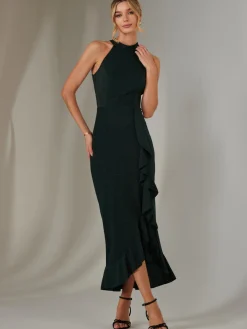 Jolie Moi Occasion Dresses|Sleeveless Dresses-Halter Neck Frill Jersey Maxi Dress, Dark Green