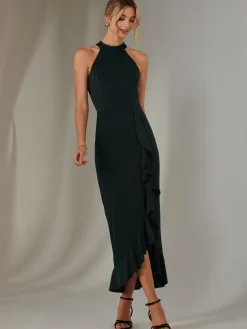 Jolie Moi Occasion Dresses|Sleeveless Dresses-Halter Neck Frill Jersey Maxi Dress, Dark Green
