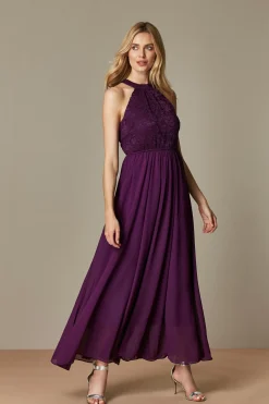 Jolie Moi Occasion Dresses|Signature Lace-Halter Neck Lace Maxi Bridesmaid Dress, Dark Purple