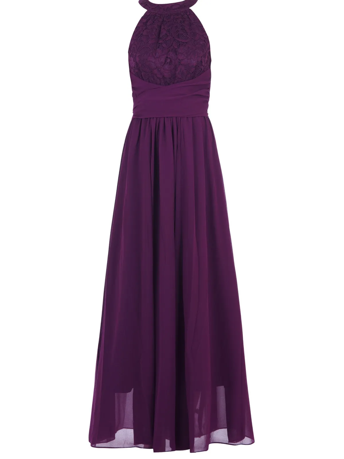 Jolie Moi Occasion Dresses|Signature Lace-Halter Neck Lace Maxi Bridesmaid Dress, Dark Purple