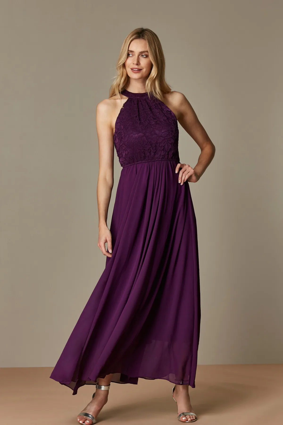 Jolie Moi Occasion Dresses|Signature Lace-Halter Neck Lace Maxi Bridesmaid Dress, Dark Purple