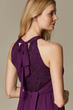 Jolie Moi Occasion Dresses|Signature Lace-Halter Neck Lace Maxi Bridesmaid Dress, Dark Purple