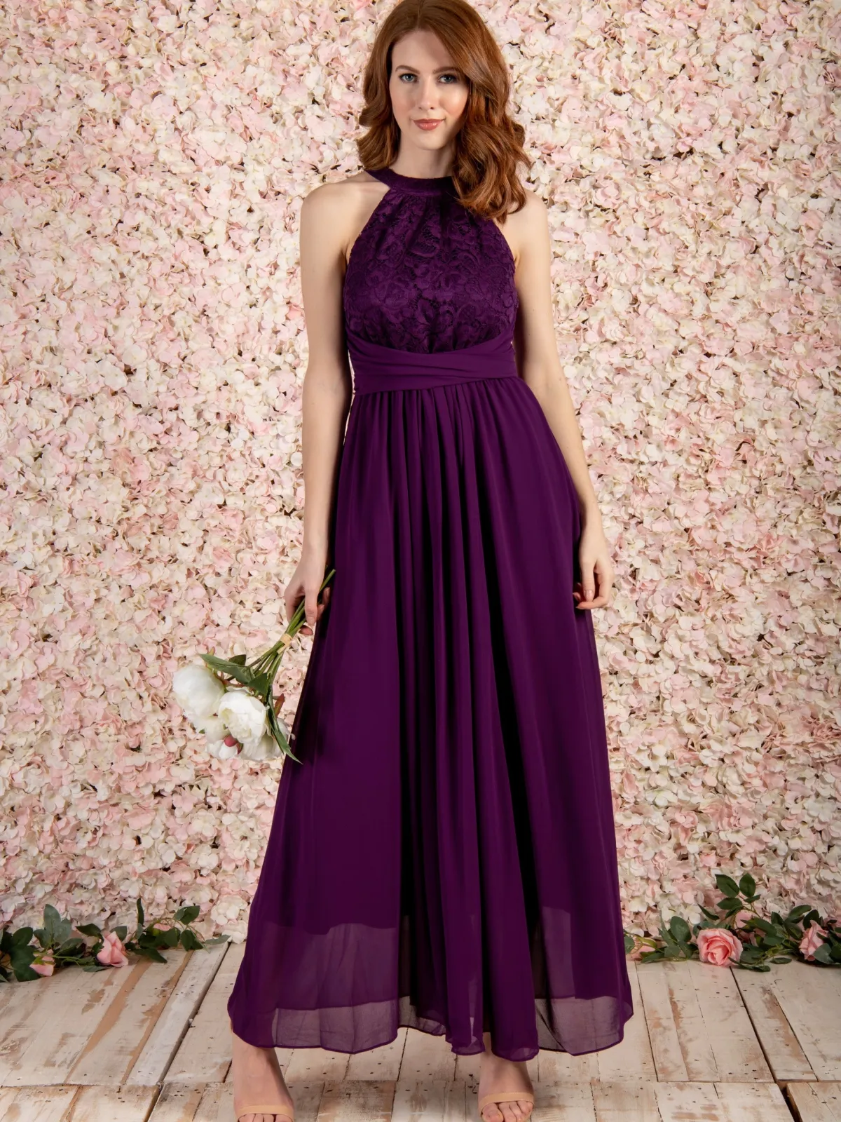 Jolie Moi Occasion Dresses|Signature Lace-Halter Neck Lace Maxi Bridesmaid Dress, Dark Purple