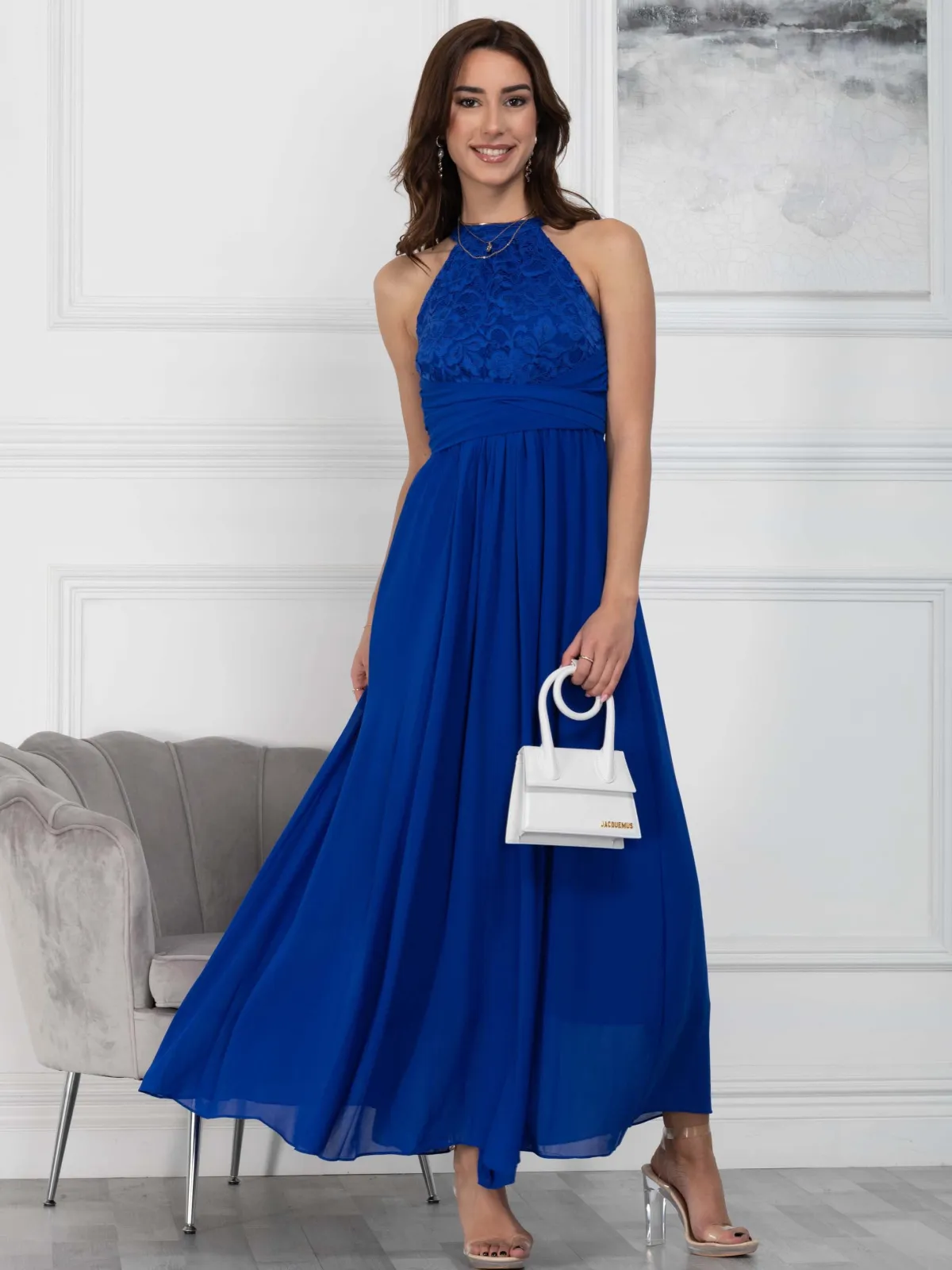 Jolie Moi Occasion Dresses|Sleeveless Dresses-Halter Neck Lace Maxi Bridesmaid Dress, Royal Blue