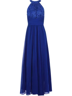 Jolie Moi Occasion Dresses|Sleeveless Dresses-Halter Neck Lace Maxi Bridesmaid Dress, Royal Blue