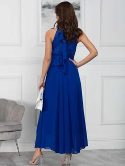 Jolie Moi Occasion Dresses|Sleeveless Dresses-Halter Neck Lace Maxi Bridesmaid Dress, Royal Blue