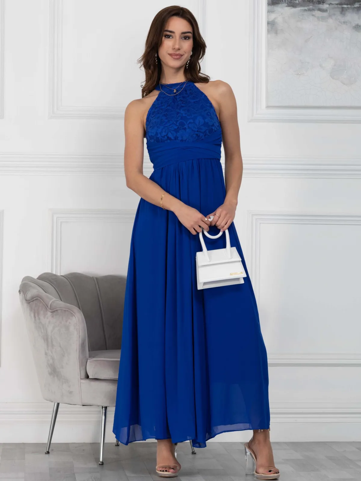 Jolie Moi Occasion Dresses|Sleeveless Dresses-Halter Neck Lace Maxi Bridesmaid Dress, Royal Blue