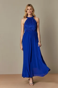 Jolie Moi Occasion Dresses|Sleeveless Dresses-Halter Neck Lace Maxi Bridesmaid Dress, Royal Blue