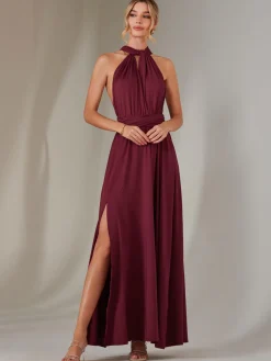 Jolie Moi Occasion Dresses|Wrap Dresses-Halter Neck Maxi Bridesmaid Dress, Burgundy