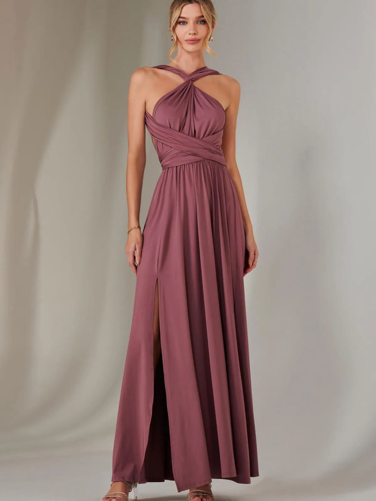 Jolie Moi Occasion Dresses|Wrap Dresses-Halter Neck Maxi Bridesmaid Dress, Mauve