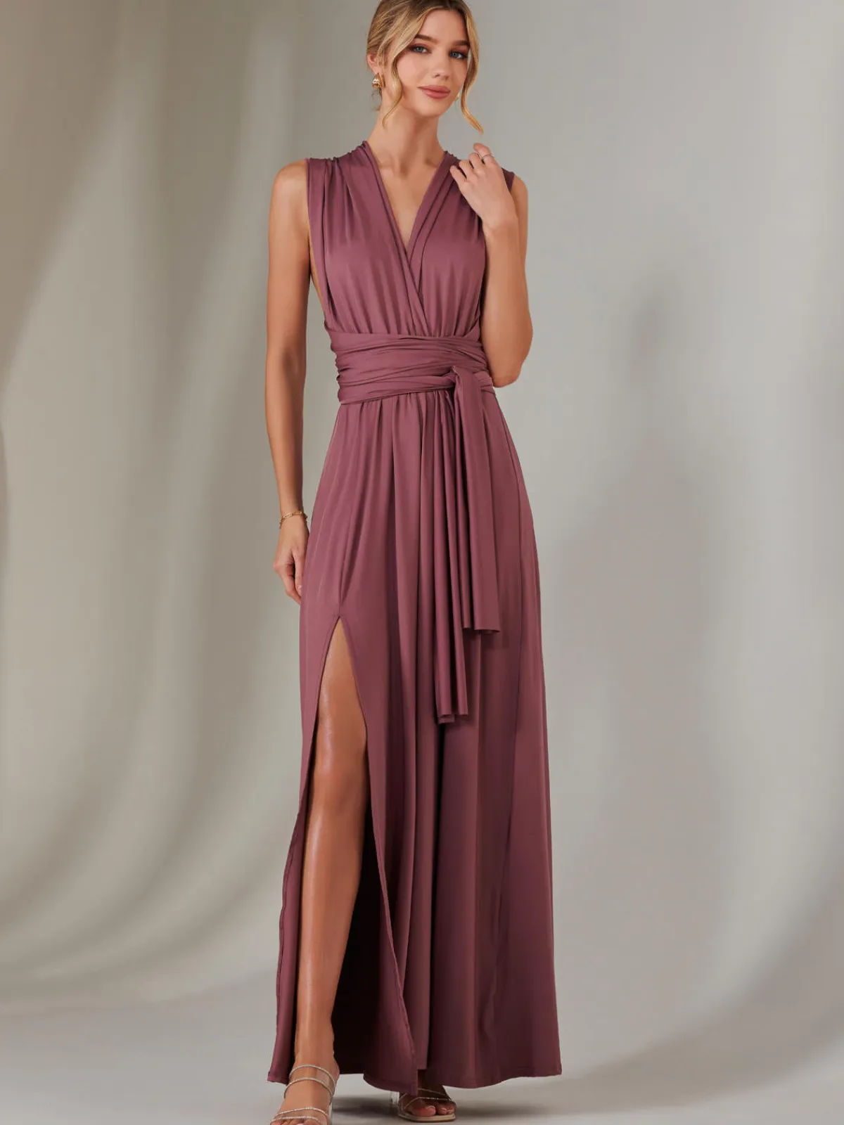 Jolie Moi Occasion Dresses|Wrap Dresses-Halter Neck Maxi Bridesmaid Dress, Mauve