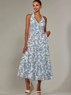 Jolie Moi Occasion Dresses|Sleeveless Dresses-Halter Neck Maxi Dress, Blue Paisley