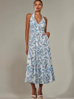 Jolie Moi Occasion Dresses|Sleeveless Dresses-Halter Neck Maxi Dress, Blue Paisley