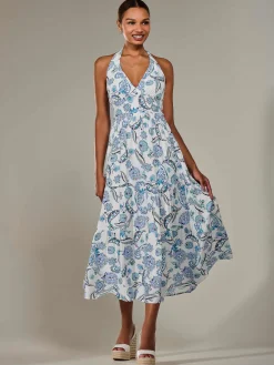 Jolie Moi Occasion Dresses|Sleeveless Dresses-Halter Neck Maxi Dress, Blue Paisley