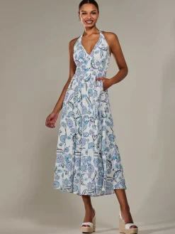 Jolie Moi Occasion Dresses|Sleeveless Dresses-Halter Neck Maxi Dress, Blue Paisley