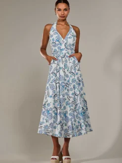 Jolie Moi Occasion Dresses|Sleeveless Dresses-Halter Neck Maxi Dress, Blue Paisley