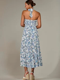Jolie Moi Occasion Dresses|Sleeveless Dresses-Halter Neck Maxi Dress, Blue Paisley
