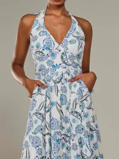 Jolie Moi Occasion Dresses|Sleeveless Dresses-Halter Neck Maxi Dress, Blue Paisley