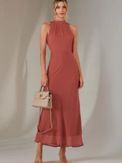 Jolie Moi Occasion Dresses|Sleeveless Dresses-Halter Neck Open Back Chiffon Maxi Dress, Dark Coral