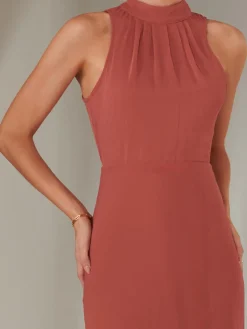 Jolie Moi Occasion Dresses|Sleeveless Dresses-Halter Neck Open Back Chiffon Maxi Dress, Dark Coral