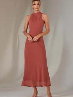 Jolie Moi Occasion Dresses|Sleeveless Dresses-Halter Neck Open Back Chiffon Maxi Dress, Dark Coral