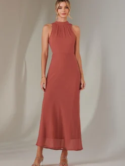 Jolie Moi Occasion Dresses|Sleeveless Dresses-Halter Neck Open Back Chiffon Maxi Dress, Dark Coral