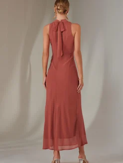 Jolie Moi Occasion Dresses|Sleeveless Dresses-Halter Neck Open Back Chiffon Maxi Dress, Dark Coral